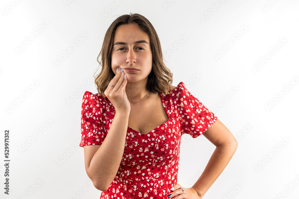 woman feeling pain and holding hand cheek suffering from severe toothache isolated on white. woman feeling pain and holding hand cheek suffering from severe toothache isolated on white.