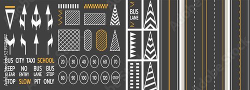 Road marking. Asphalt strip sign collection, city street line highway traffic empty driveway surface, urban transportation marks. Vector set. Arrows with different directions, bus and taxi lanes