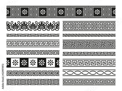 Greek ornaments. Geometric seamless pattern antique mediterranean style, abstract decorative frame Greece classical borders. Vector set. Square elements, curled and flowers design collection