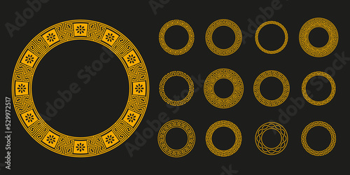 Ancient greek circle ornament. Antique Greece traditional round meander borders, geometric circular decorative frames. Vector collection. Golden ornaments with flower, zigzag and waves
