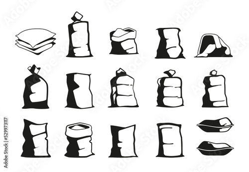 Farmer sack. Black silhouette symbol of burlap bags with agricultural harvest, natural organic food agronomy gardening concept. Vector set. Big heavy packages with products storage