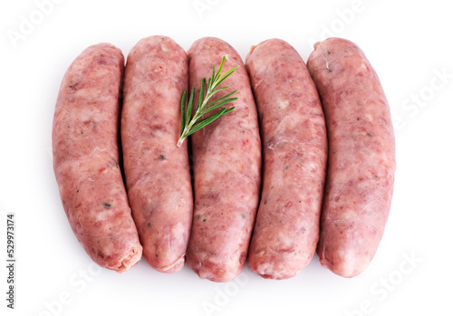 Raw German, Munich, Bavarian, sausages with rosemary isolated on white background. With clipping path.