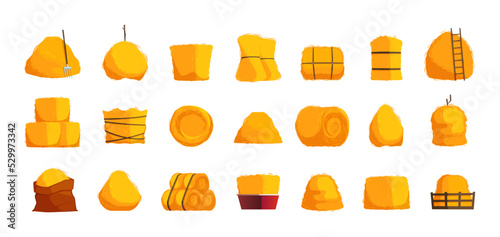 Cartoon hay bales. Rural straw stack rolls flat style, dried yellow haystack pile farm field fodder bundle. Vector agriculture set. Autumn seasonal straw in sack, with ladder and fork photo