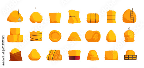 Cartoon hay bales. Rural straw stack rolls flat style, dried yellow haystack pile farm field fodder bundle. Vector agriculture set. Autumn seasonal straw in sack, with ladder and fork
