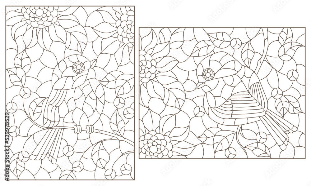 A set of contour illustrations in the style of stained glass with birds on tree branches, dark contours on a white background