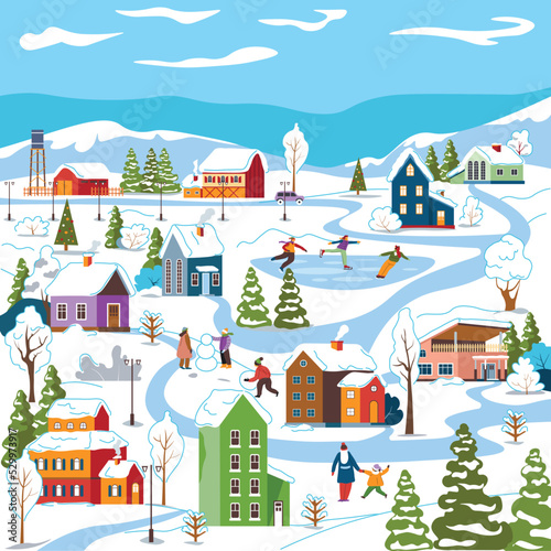 Winter cityscape or small town activities view