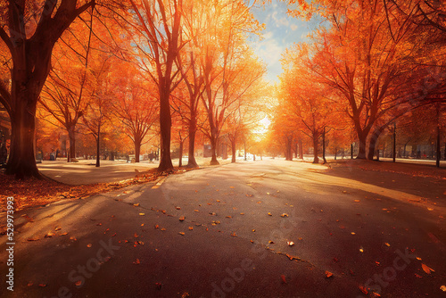 autumn in the city, beautiful autumn park scene, calm nature colorful warm background, digital illustration, digital painting, cg artwork, realistic illustration © Gbor