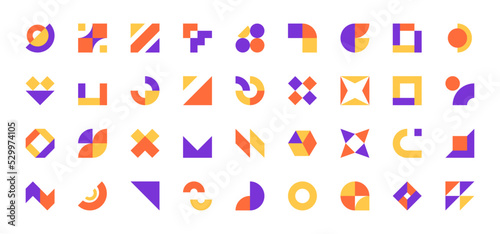 Modern geometric forms. Minimal basic abstract shapes swiss bauhaus style, primitive contemporary dynamic blocks. Vector collection. Futuristic bright circle, cross, triangle composition