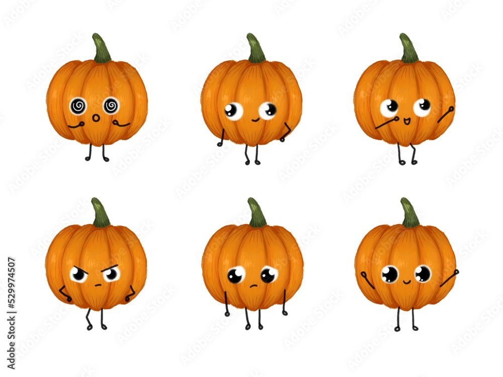 Set of cute cartoon adorable pumkins emoji, emotions for celebration of halloween and autumn holidays for design. Icons isolated on white background, faces with various different facial expressions. Set of cute cartoon adorable pumkins emoji, emotions for celebration of halloween and autumn holidays for design. Icons isolated on white background, faces with various different facial expressions.