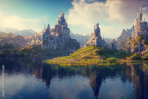 ancient fantasy castle in the mountains, digital illustration, digital painting, cg artwork, realistic illustration, concept art, video game background, book illustration