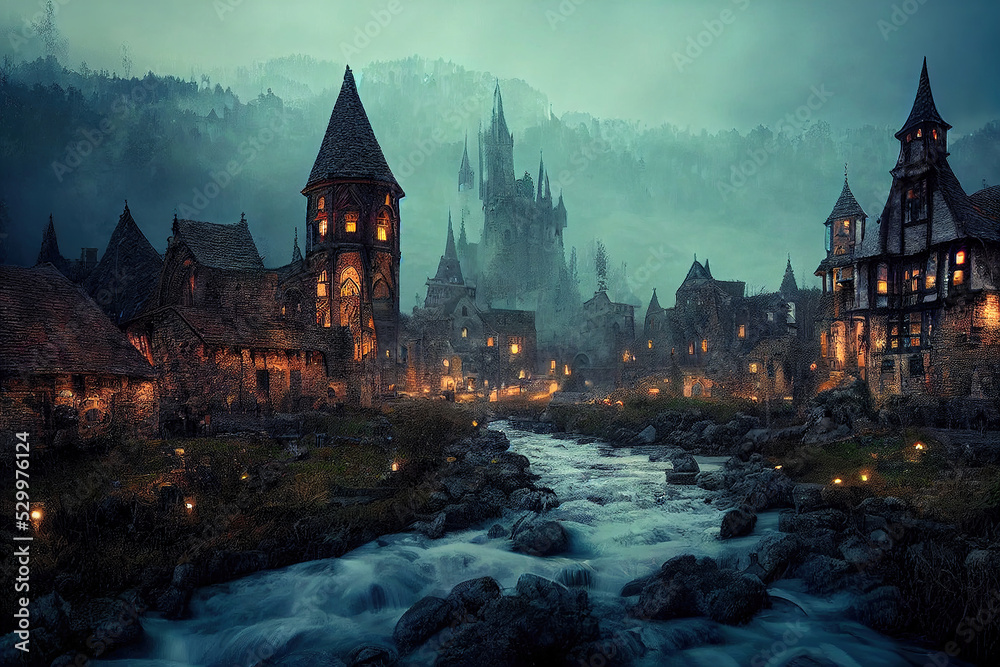 old fantasy town with river at night, digital illustration, digital ...