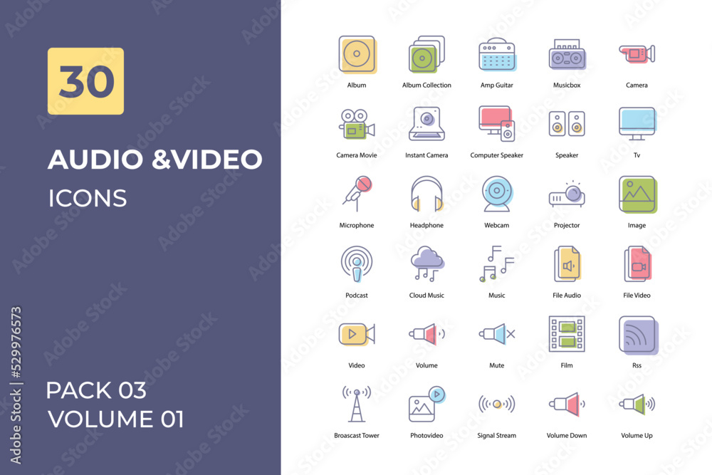 Audio and Video icons collection. Set vector line with elements for mobile concepts and web apps. Collection modern icons.