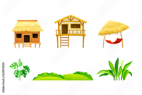 Tropical Landscape Element with Hut, Green Exotic Foliage and Bush Vector Set