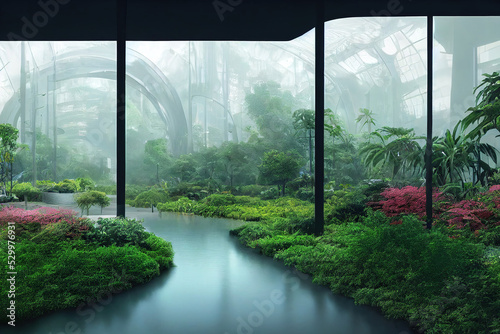 beautiful green nature garden environment in a futuristic city, digital illustration, digital painting, cg artwork, realistic illustration, concept art, video game background, book illustration