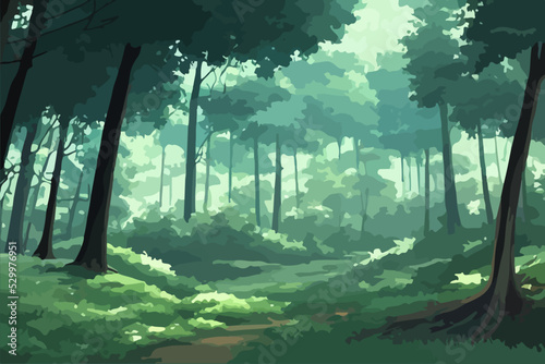 Anime forest landscape nature background. Beautiful trees with green grass in japanese anime style © Great Choice