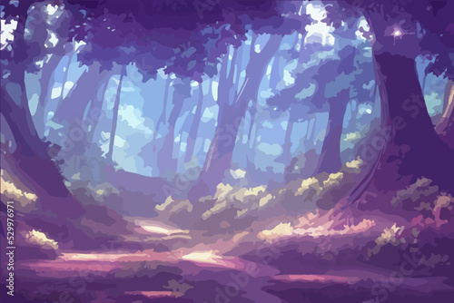 Anime forest landscape nature background. Beautiful trees with purple grass in japanese anime style