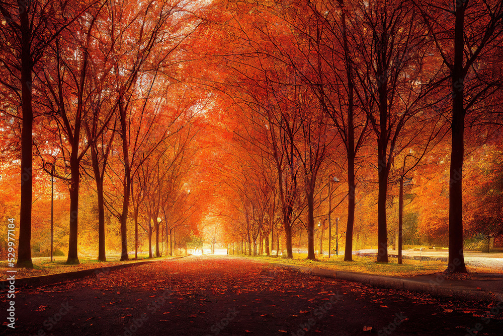 Fototapeta premium autumn in the city, beautiful autumn park scene, calm nature colorful warm background, digital illustration, digital painting, cg artwork, realistic illustration