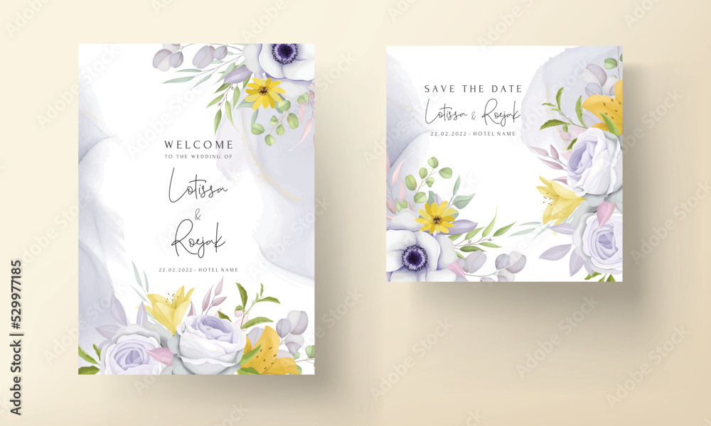 beautiful yellow and gray purple flower wedding invitation card