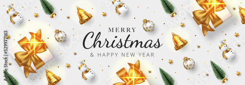 Merry Christmas banner with gift, christmas tree, christmas balls, and bells. Vector illustration