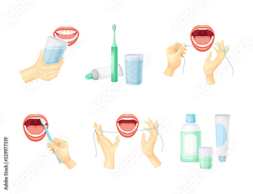 Oral Care and Dental Hygiene with Hands Cleaning Teeth with Floss and Toothbrush Vector Set