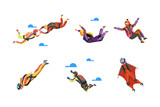 Paratroopers or Parachutist Free-falling and Descenting with Parachute and Wingsuit Vector Set