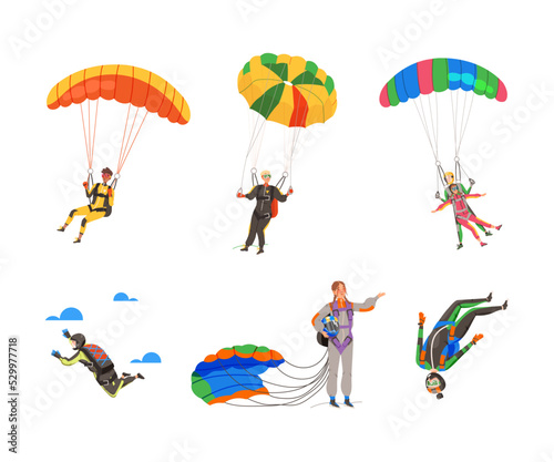 Fotografiet Paratroopers or Parachutist Free-falling and Descenting with Parachutes Vector S