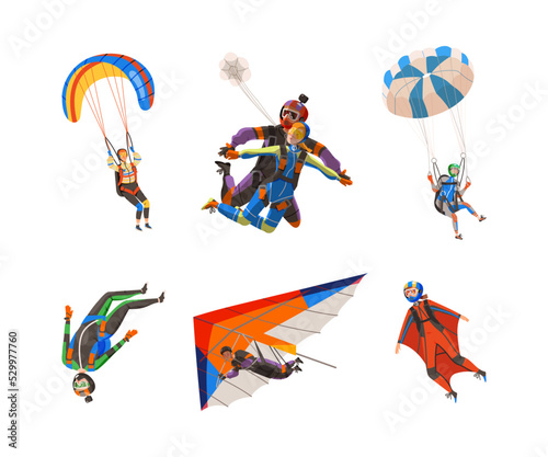 Paratroopers or Parachutist Free-falling and Descenting with Parachute and Wingsuit Vector Set