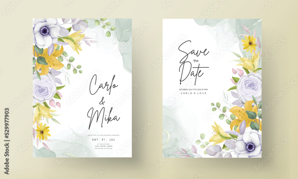 beautiful yellow and gray purple flower wedding invitation card
