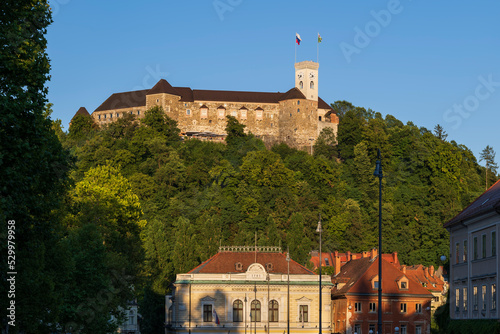 Slovenia, Ljubljana, Ljubljana Castle overlooking Slovenian Philharmonic Buildingbelow photo