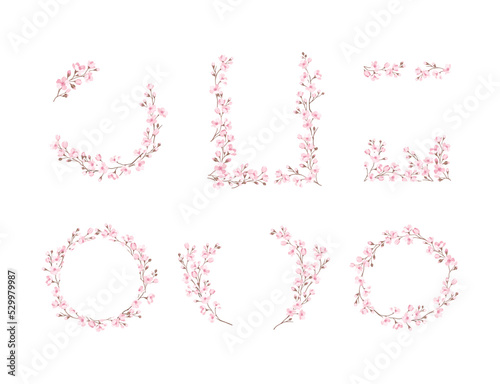 Twigs of Sakura or Cherry Blossom Arranged in Frame and Border Line Vector Set