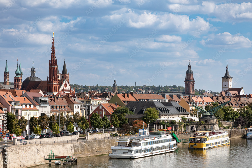 Germany, Bavaria, Wurzburg, River Main and surrounding old town buildings