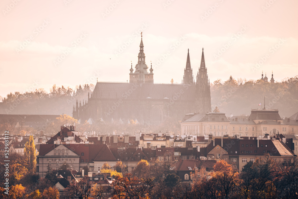 Silhouette of Saint Vitus Cathedral in autumnal haze