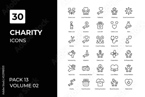 Charity icons collection. Set vector line with elements for mobile concepts and web apps. Collection modern icons.