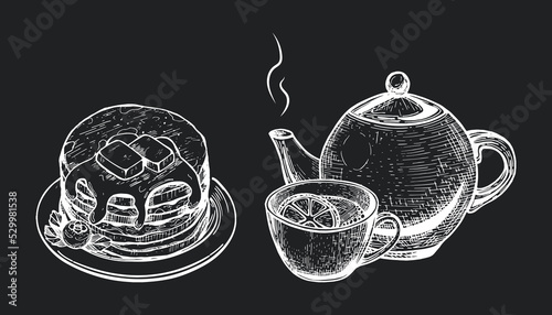 tea with lemon vector sketch. pancakes with butter vector freehand drawing. pancakes with butter on black menu background with chalk vector
