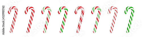 Christmas candy canes set. Christmas stick. Traditional xmas candy with red, green and white stripes. Santa caramel cane with striped pattern. Vector illustration isolated on white background.