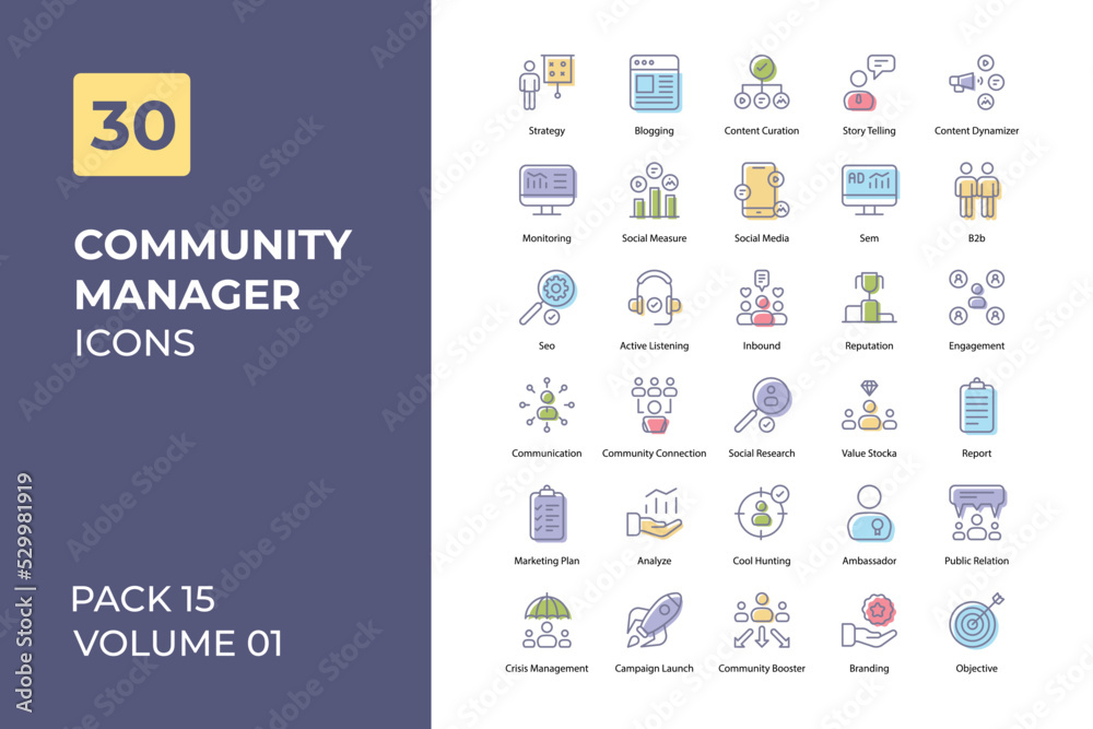 Community Manager icons collection. Set contains such Icons briefcase, Budget Estimate, calendar, collaboration, and more
