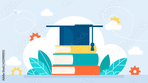 Studying at the university. School supplies. Achieving success in education and science. Academic cap rests on the books. Obtaining higher education. Scientific degree. Flat style. Vector illustration