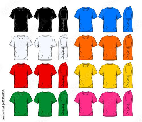Colorful t-shirt template front back and side