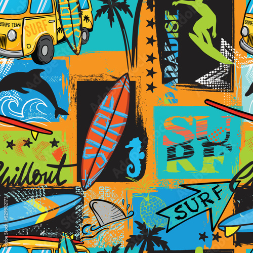 seamless abstract summer pattern with surfer, shark, dolphin, bright colors, for textiles, prints, for boy and girl