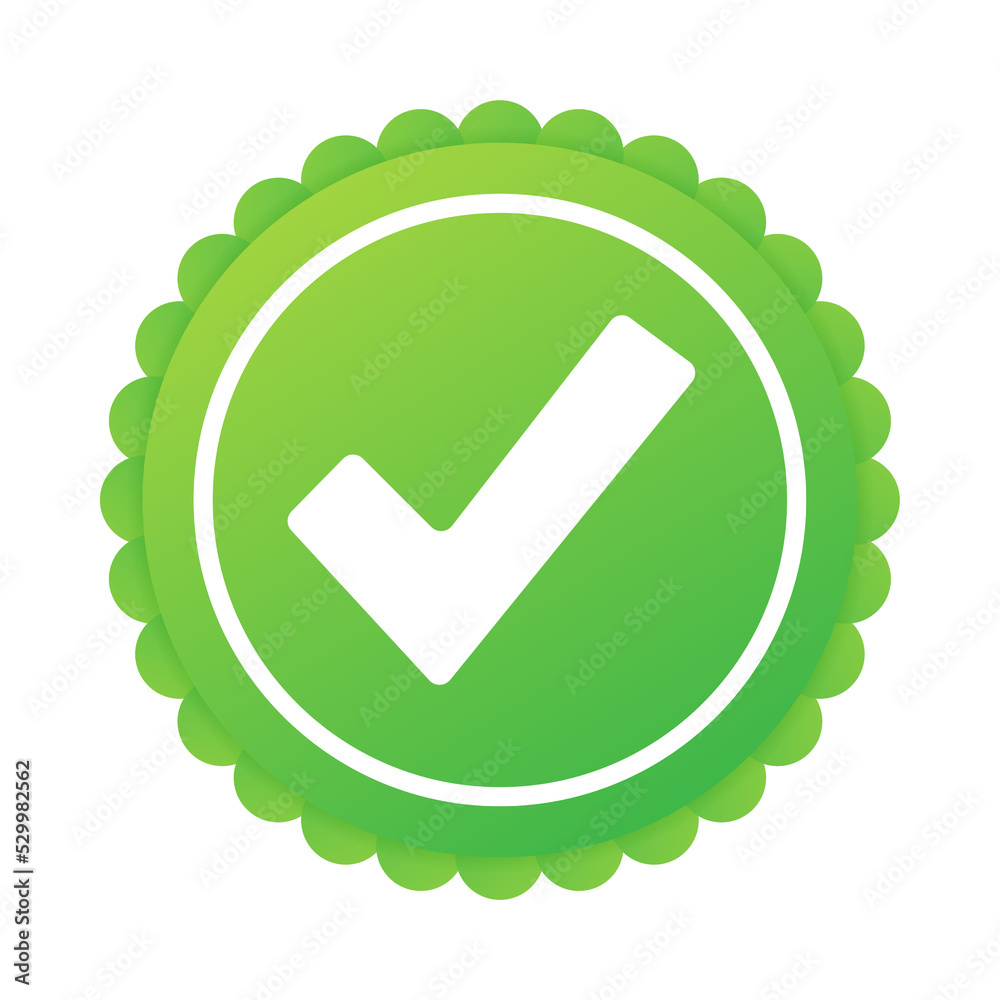 Checkmark. Green approved star sticker on white background. Vector stock illustration. Checkmark. Green approved star sticker on white background. Vector stock illustration.