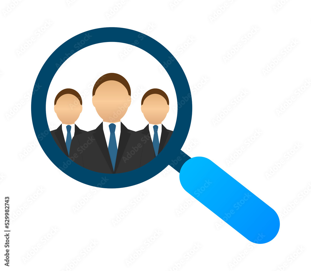 We are Hiring design with Magnifying Glass choosing businessman. Vector stock illustration. We are Hiring design with Magnifying Glass choosing businessman. Vector stock illustration.