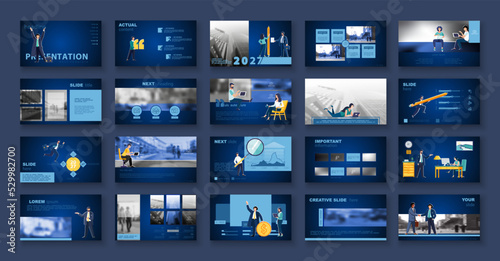 Business presentation, powerpoint, job a new business, financial annual report. Infographic design template, blue elements, blue background, set. A team of people creates business, teamwork, vector