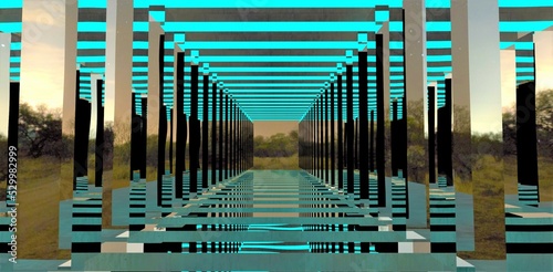 architectural abstraction. Mirror glass columns. Illumination from above with turquoise light. View from a futuristic building on the evening forest. 3d render.