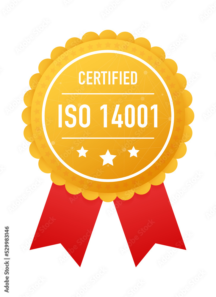 ISO 14001 certified golden label on white background. Vector stock illustration.