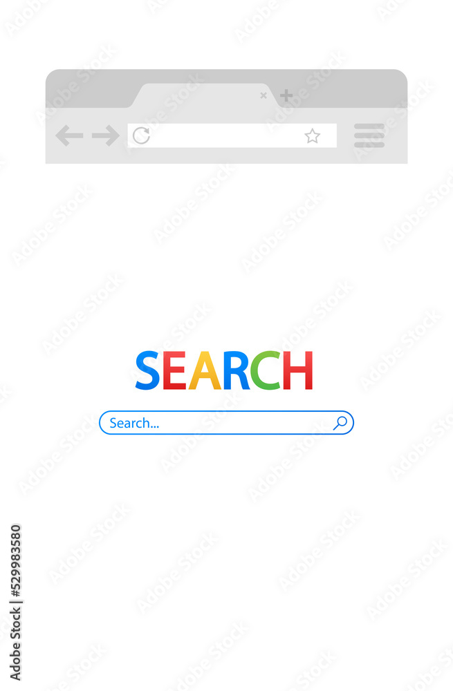 Simple browser window on blue background. Browser search. Web browser in flat style. Vector stock illustration.