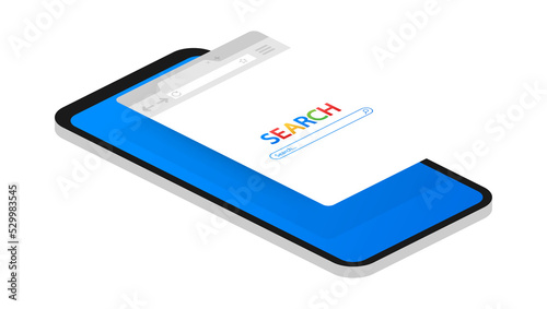 Simple browser window on smartphone on blue background. Browser search. Web browser in flat style. Vector stock illustration.