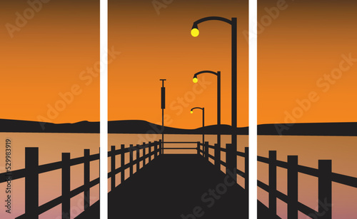 set of natural scenery posters at dusk with wooden pier and yellow lights flashing