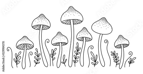 Celestial mushrooms. Composition with mushrooms and leaves. Esoteric clipart. Hand drawn vector illustration. Black and white.