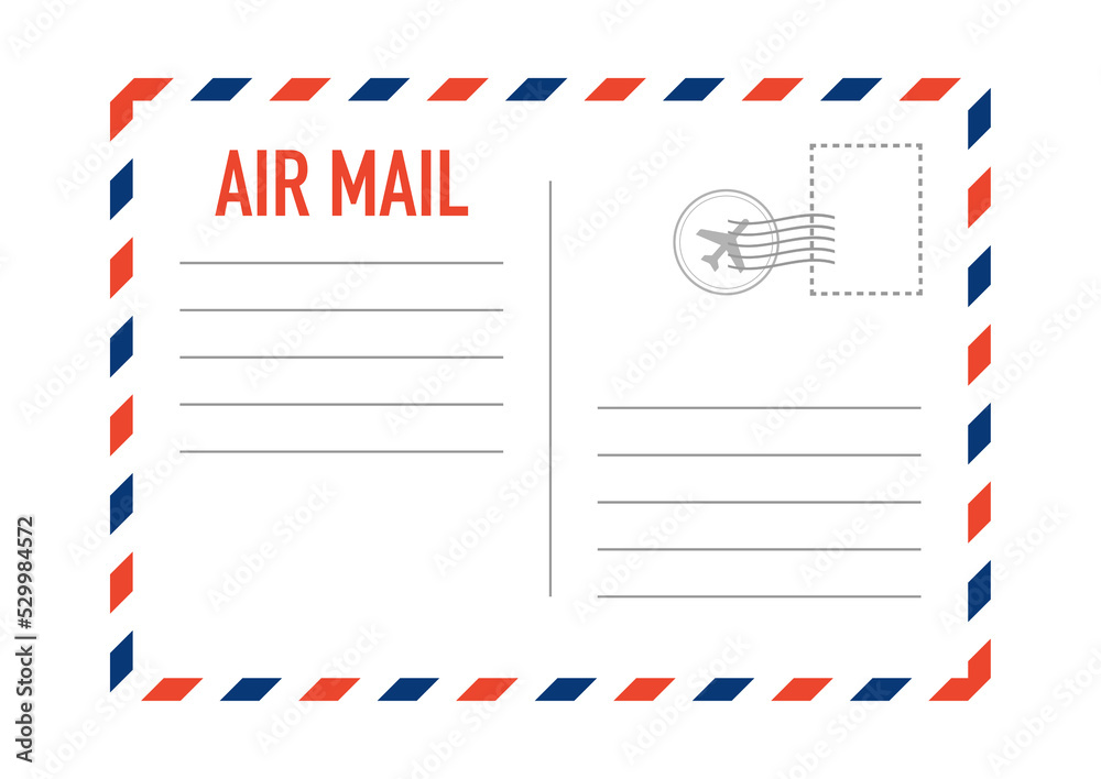 Air mail envelope with postal stamp isolated on white background. Vector stock illustration.