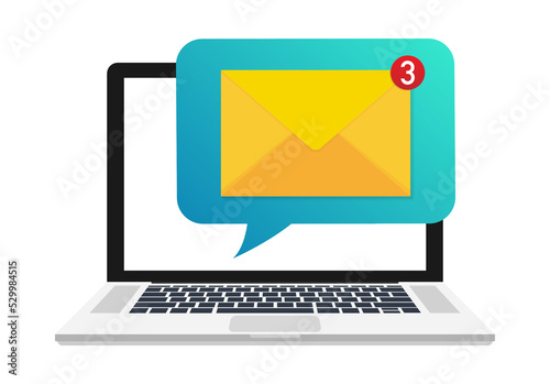 Laptop with browser and envelope vector illustration, symbol of email receiving, service, notification. Vector stock illustration.